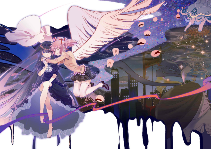 2girls absurdres akemi_homura black_hair capelet cityscape dress elefant frilled_dress frills goddess_madoka gothic_lolita guillotine highres homulilly kaname_madoka lolita_fashion long_hair mahou_shoujo_madoka_magica mitakihara_school_uniform multiple_girls pink_hair ribbon school_uniform twintails wings zgxuke