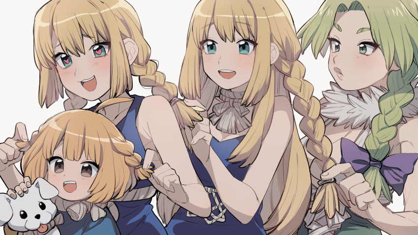 4girls absurdres blonde_hair blue_dress blush braid dog dr._stone dress eyebrows_visible_through_hair hanada_nikki heart heart-shaped_pupils highres kohaku_(dr._stone) kojirou_(kojirou_sousaku) multiple_girls open_mouth rope_belt ruri_(dr._stone) shiny shiny_hair suika_(dr.stone) symbol-shaped_pupils