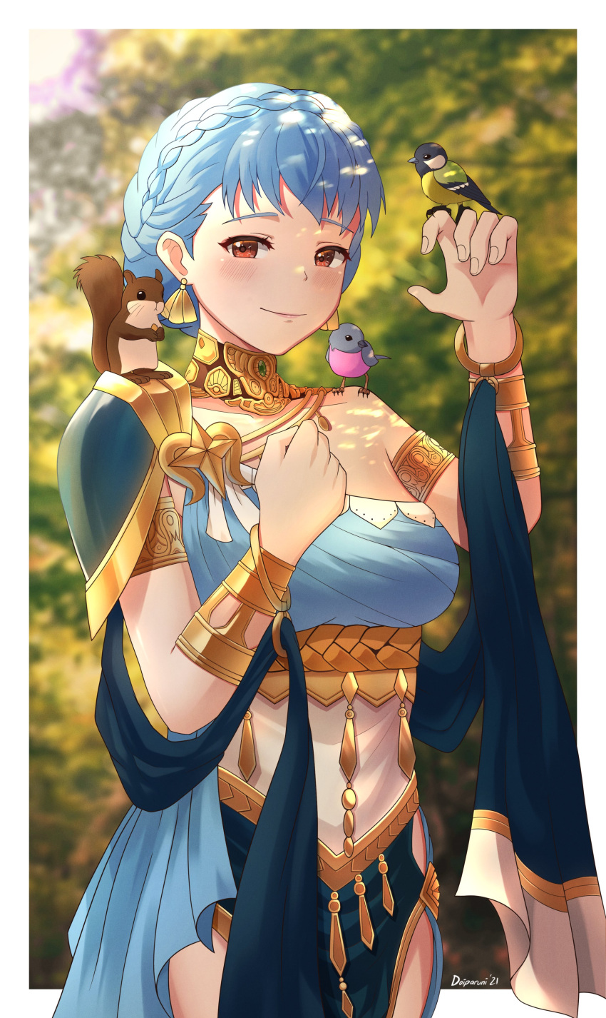 1girl absurdres alternate_costume animal animal_on_shoulder arm_up armlet armor bird bird_on_finger blue_dress blue_hair blush bracelet braid breasts brown_eyes closed_mouth collarbone commentary crown_braid dancer dancer_(three_houses) doiparuni dress earrings english_commentary eyebrows_visible_through_hair fingernails fire_emblem fire_emblem:_three_houses fire_emblem_heroes highres jewelry lips looking_at_viewer marianne_von_edmund medium_breasts official_alternate_costume outdoors pelvic_curtain shawl short_hair shoulder_armor signature sleeveless sleeveless_dress smile squirrel tree