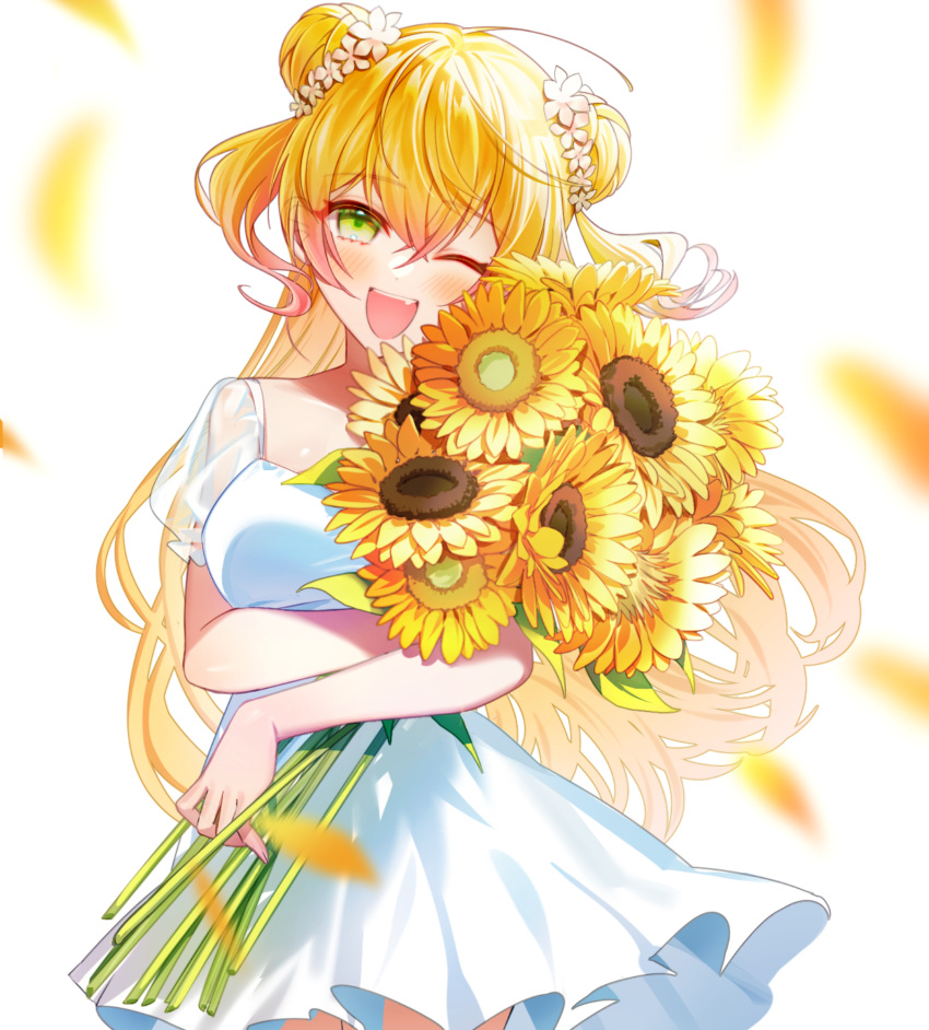1girl ;d bangs blonde_hair breasts commentary_request dega1028 double_bun dress eyebrows_visible_through_hair flower gradient_hair green_eyes hair_between_eyes hair_flower hair_ornament head_tilt highres holding holding_flower hololive long_hair looking_at_viewer medium_breasts momosuzu_nene multicolored_hair one_eye_closed open_mouth petals pink_hair see-through_sleeves short_sleeves simple_background smile solo streaked_hair sunflower two_side_up virtual_youtuber white_background white_dress white_flower yellow_flower