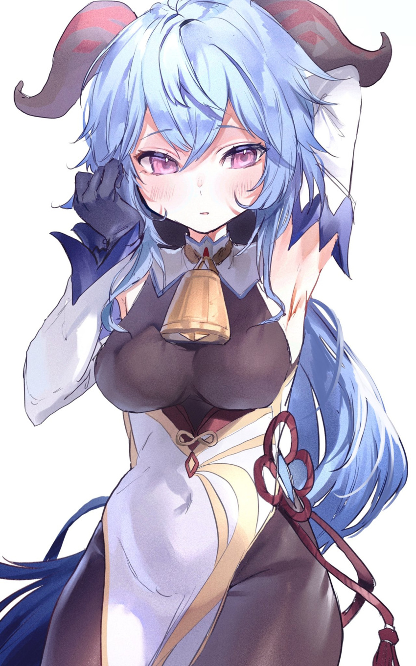 1girl arm_behind_head armpits bare_shoulders bell black_gloves black_legwear blue_hair blush breasts covered_navel detached_sleeves ganyu_(genshin_impact) genshin_impact gloves gold_trim highres horns irohatomo long_hair medium_breasts neck_bell sidelocks violet_eyes vision_(genshin_impact) white_sleeves