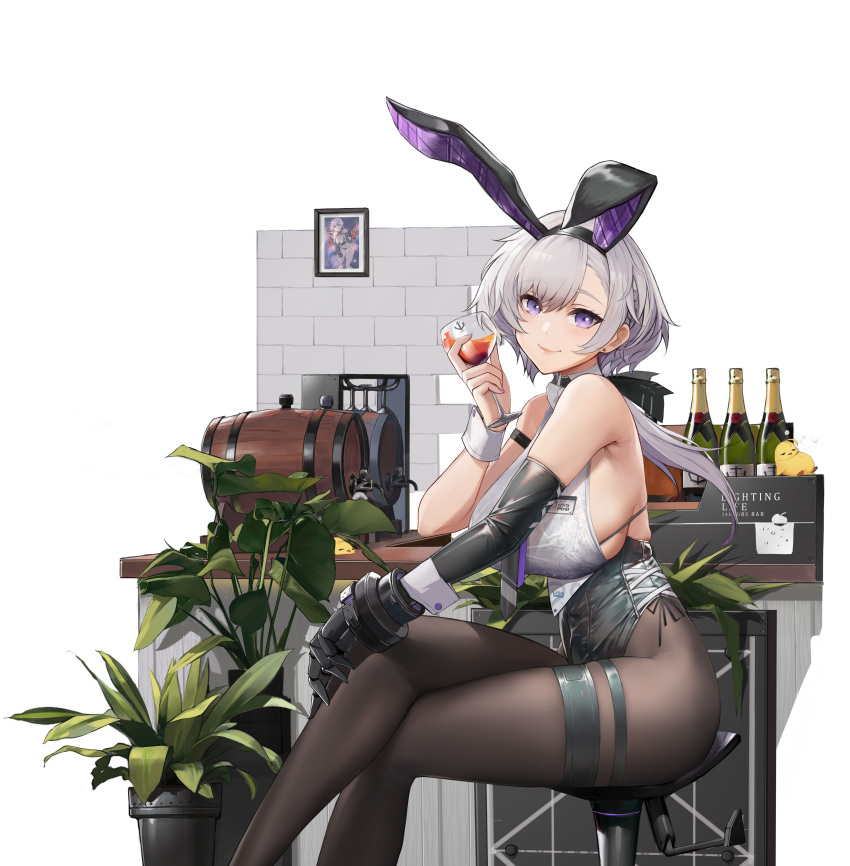 1girl absurdres alcohol animal_ears azur_lane bar black_gloves black_legwear breasts crossed_legs elbow_gloves fake_animal_ears gloves grey_hair highres large_breasts looking_at_viewer official_art pandea_work pantyhose plant playboy_bunny potted_plant rabbit_ears reno_(azur_lane) reno_(reno_bunnino)_(azur_lane) sideboob single_elbow_glove sitting sleeveless solo thigh_strap violet_eyes wrist_cuffs