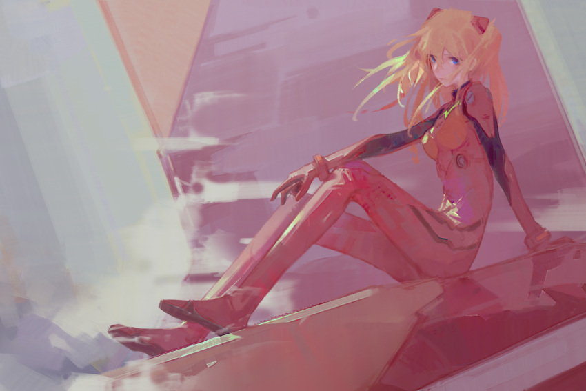 1girl arm_support bangs blue_eyes bodysuit breasts closed_mouth commentary demozeroc dust_cloud expressionless full_body highres interface_headset long_hair looking_at_viewer neon_genesis_evangelion orange_hair plugsuit red_bodysuit sitting skin_tight small_breasts solo souryuu_asuka_langley
