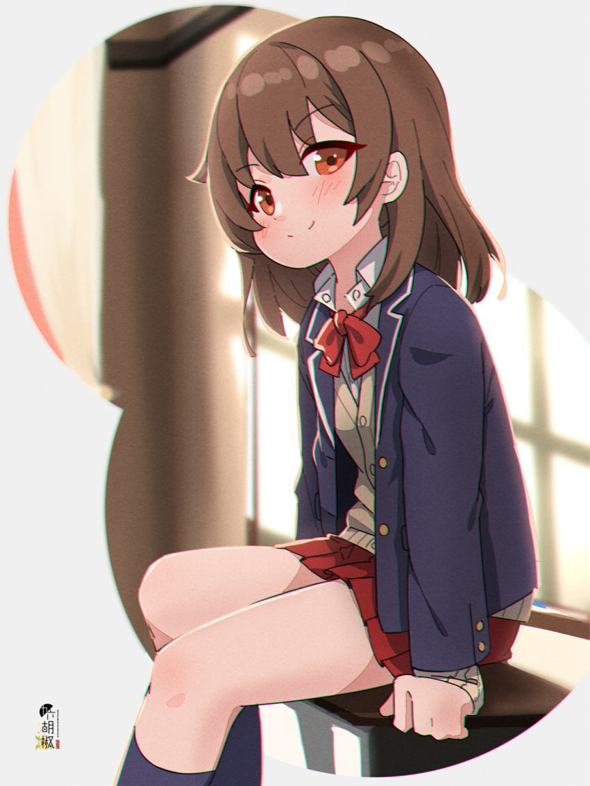 1girl bangs black_jacket black_legwear blazer blurry blurry_background blush bow brown_cardigan brown_eyes brown_hair cardigan closed_mouth collared_shirt commentary commission depth_of_field dress_shirt english_commentary eyebrows_visible_through_hair feet_out_of_frame hair_between_eyes highres jacket kuro_kosyou long_sleeves looking_at_viewer open_clothes open_jacket original pleated_skirt red_bow red_skirt shirt sitting skeb_commission skirt sleeves_past_wrists smile socks solo white_shirt