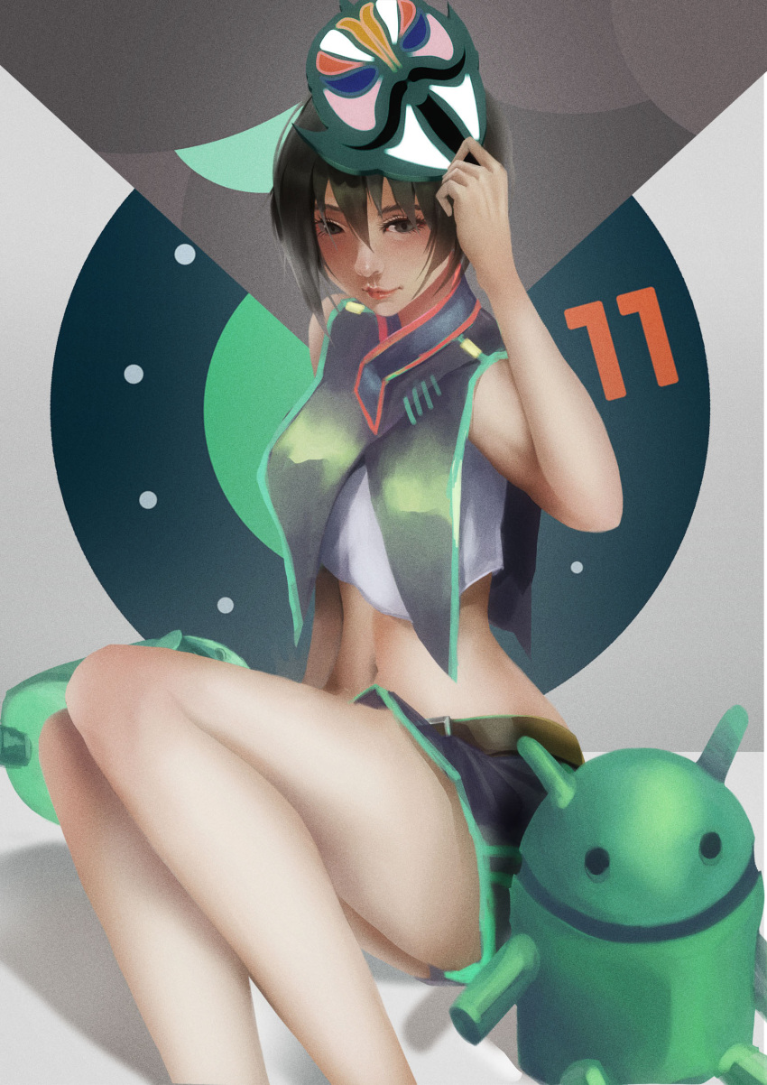 1girl adjusting_mask android android_(mascot) android_(personification) arm_support bare_shoulders belt black_belt black_hair black_skirt breasts brown_eyes commentary cropped_shirt english_commentary eyelashes google green_shirt green_skirt hair_between_eyes hand_on_head highres light_smile looking_at_viewer mascot mask mask_on_head medium_breasts midriff original os-tan oshino_ougi_(artist) personification shirt short_hair sitting skirt sleeveless sleeveless_shirt solo two-tone_skirt white_background white_shirt yokozuwari
