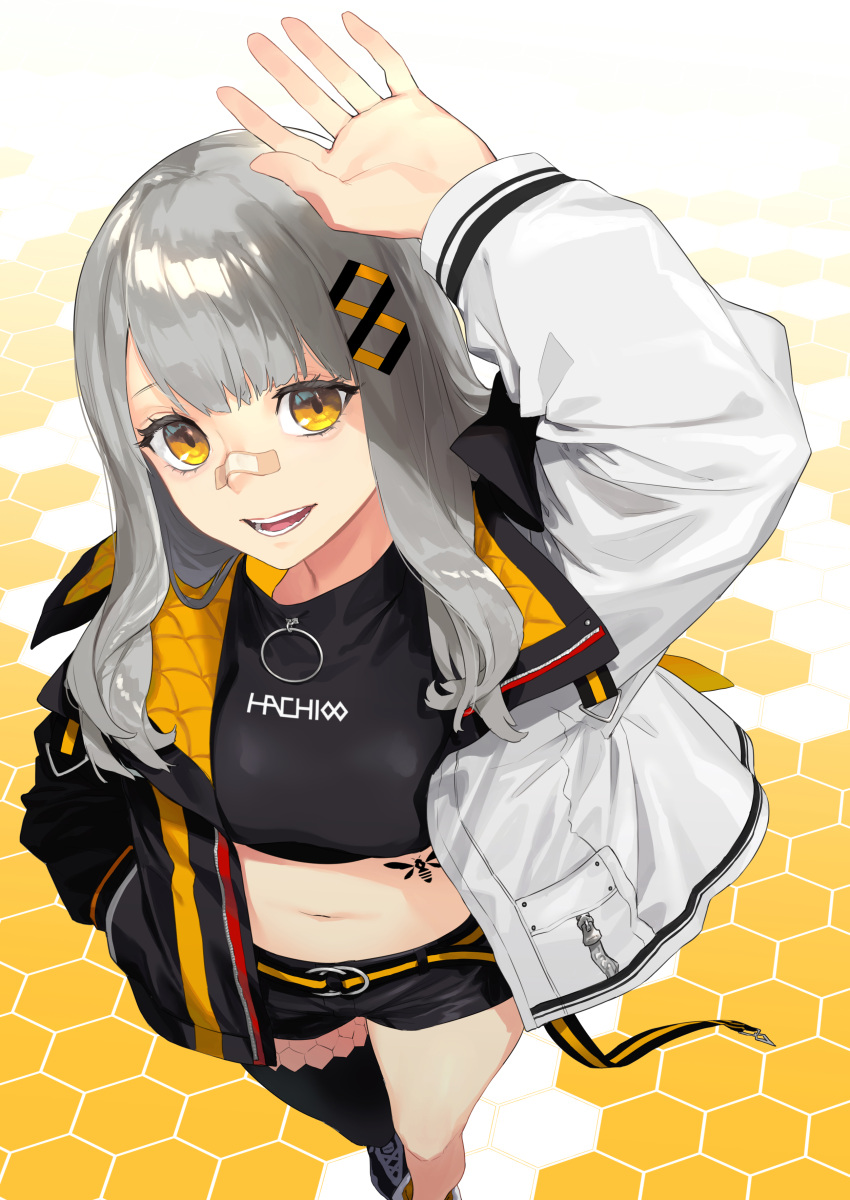 1girl :d absurdres arm_above_head bandaid bandaid_on_nose belt black_legwear black_shorts crop_top grey_hair grey_jacket hachi_(live_union) hand_up highres jacket live_union long_hair long_sleeves looking_at_viewer midriff navel open_clothes open_jacket open_mouth reiga_(act000) shorts single_thighhigh smile solo thigh-highs yellow_eyes