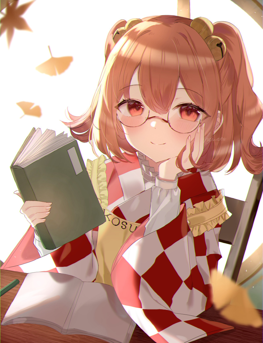 1girl absurdres apron bell book chair character_name checkered_clothes checkered_kimono closed_mouth clothes_writing commentary_request glasses hair_bell hair_ornament hand_on_own_face happy highres holding holding_book japanese_clothes jingle_bell kimono long_sleeves looking_at_viewer motoori_kosuzu orange_eyes orange_hair romaji_text round_eyewear short_hair sitting smile solo table touhou twintails two_side_up wide_sleeves yellow_apron yumeno_ruruka