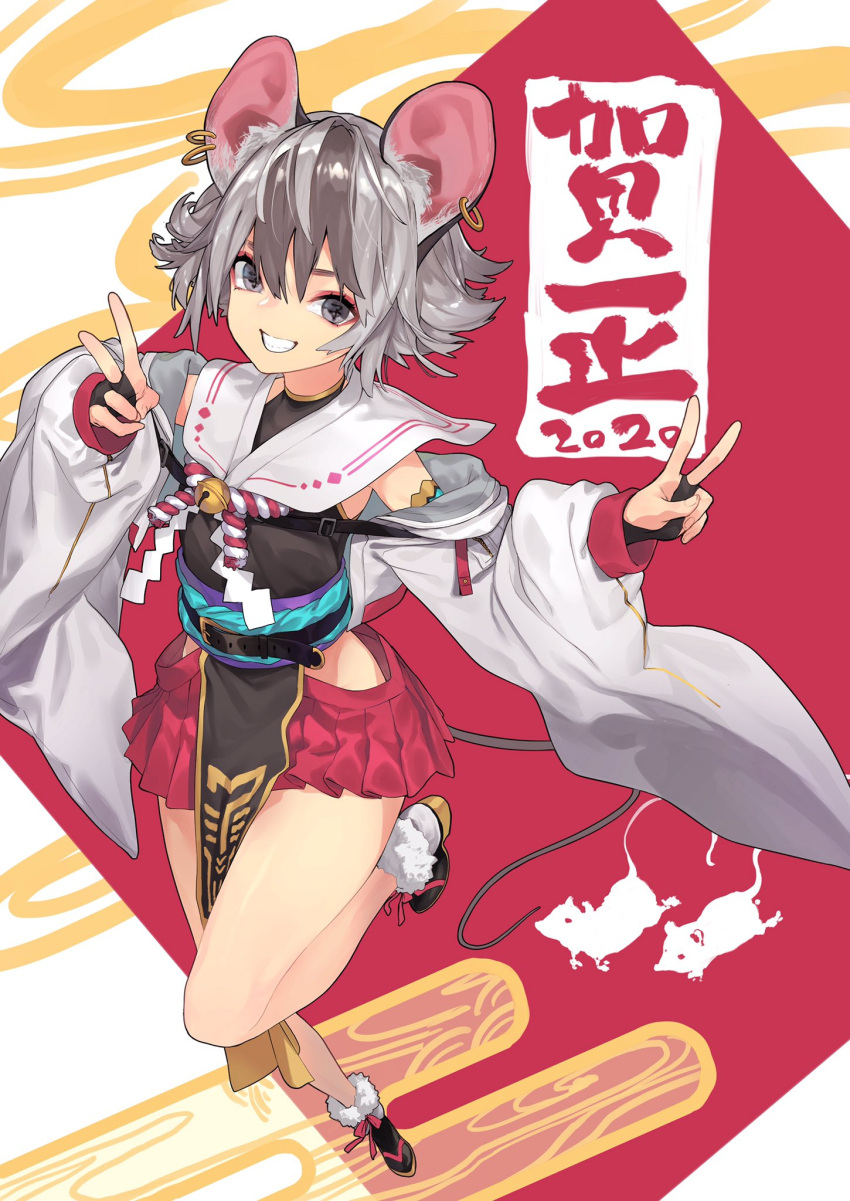 1girl akeome animal_ears bridal_gauntlets brown_hair grey_eyes grey_hair grin hakama_short_skirt hands_up happy_new_year highres long_sleeves looking_at_viewer miniskirt mouse mouse_ears mouse_girl mouse_tail multicolored_hair new_year original pelvic_curtain pleated_skirt red_skirt reiga_(act000) short_hair skirt smile solo streaked_hair tail v wide_sleeves