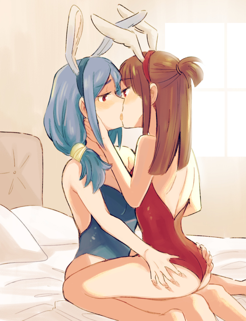2girls ange_(angeban93) animal_ears ass_grab blue_hair blush breasts brown_hair eyebrows_visible_through_hair fake_animal_ears french_kiss highres kagari_atsuko kiss little_witch_academia multiple_girls on_bed pillow sitting sitting_on_lap sitting_on_person third-party_source ursula_charistes yuri