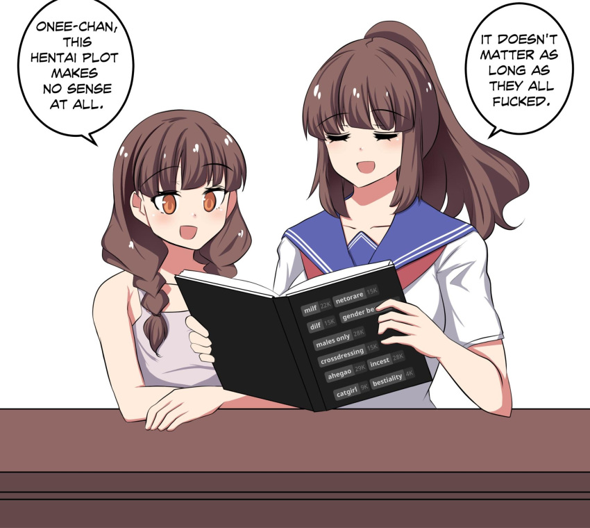 2girls :d bangs blunt_bangs book braid brown_eyes brown_hair commentary english_text eyebrows_visible_through_hair highres hinghoi holding holding_book long_hair multiple_girls open_mouth original ponytail reading school_uniform serafuku short_sleeves sidelocks simple_background smile symbol-only_commentary twin_braids