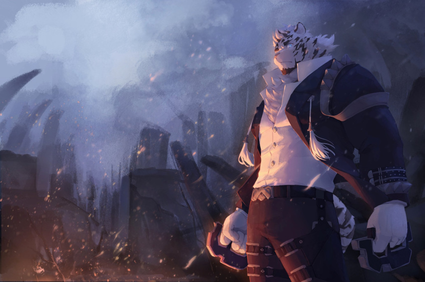 1boy animal_ears arange_(youhei79384157) arknights black_pants collared_shirt dark embers feet_out_of_frame fire furry furry_male glowing glowing_eyes highres jacket looking_at_viewer male_focus mountain_(arknights) mountain_(dark_cloud)_(arknights) muscular muscular_male night official_alternate_costume open_clothes open_jacket pants partially_unbuttoned scar scar_across_eye shirt solo tiger_boy tiger_ears white_fur white_hair