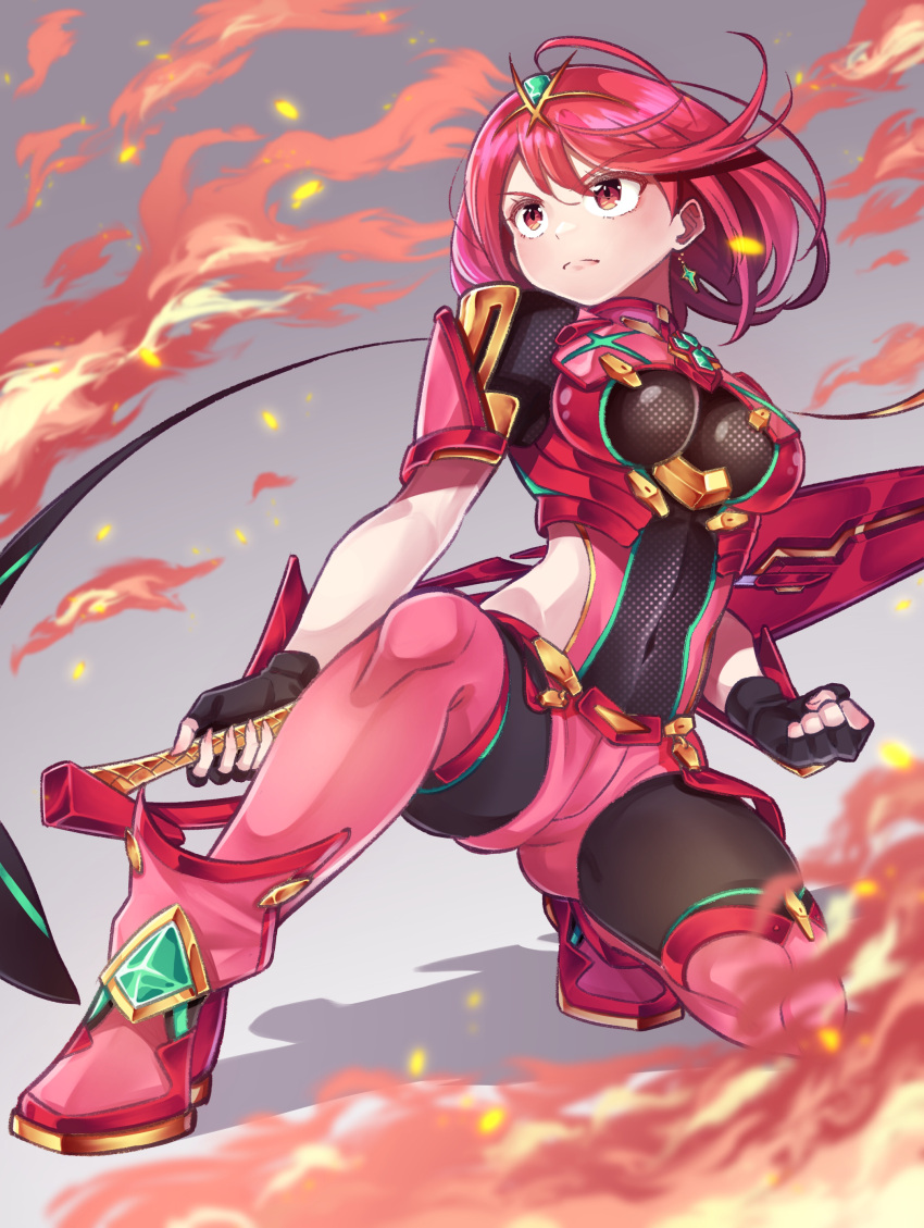 1girl absurdres aegis_sword_(xenoblade) bangs black_gloves breasts chest_jewel earrings fingerless_gloves gloves highres hiruclimbing jewelry large_breasts pyra_(xenoblade) red_eyes red_legwear red_shorts redhead short_hair short_shorts shorts solo super_smash_bros. swept_bangs sword thigh-highs tiara weapon xenoblade_chronicles_(series) xenoblade_chronicles_2