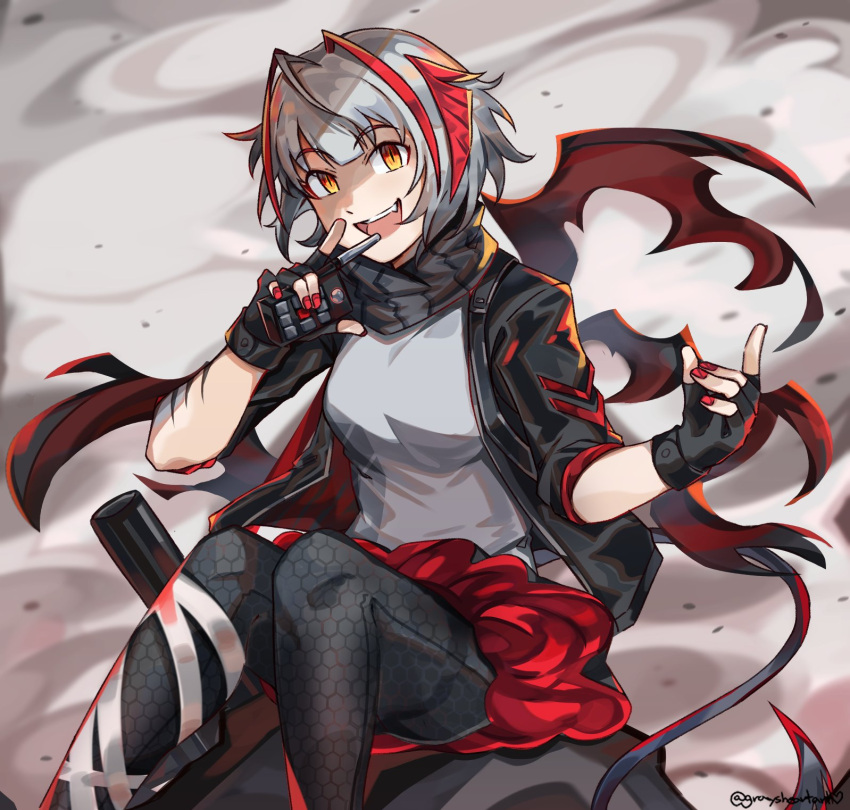 1girl antenna_hair arknights black_gloves black_jacket black_pants black_scarf commentary detonator dust_cloud feet_out_of_frame fingerless_gloves gloves graysheartart grey_hair grey_shirt hand_up highres holding_remote_control jacket leggings looking_at_viewer open_mouth orange_eyes pants red_nails red_skirt scar_on_arm scarf shirt short_hair sitting skirt sleeves_rolled_up smile solo twitter_username upper_teeth w_(arknights)