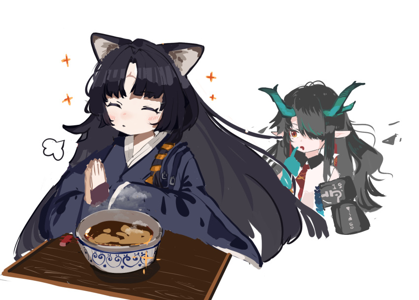 2girls animal_ears arknights bangs black_coat black_hair black_kimono bowl brown_eyes coat dog_ears dog_girl dragon_girl dragon_horns drooling dusk_(arknights) facial_mark food forehead_mark hair_over_one_eye hands_together highres horns japanese_clothes kimono long_sleeves multiple_girls necktie pointy_ears red_neckwear ryu_(17569823) saga_(arknights) simple_background sparkle white_background wide_sleeves