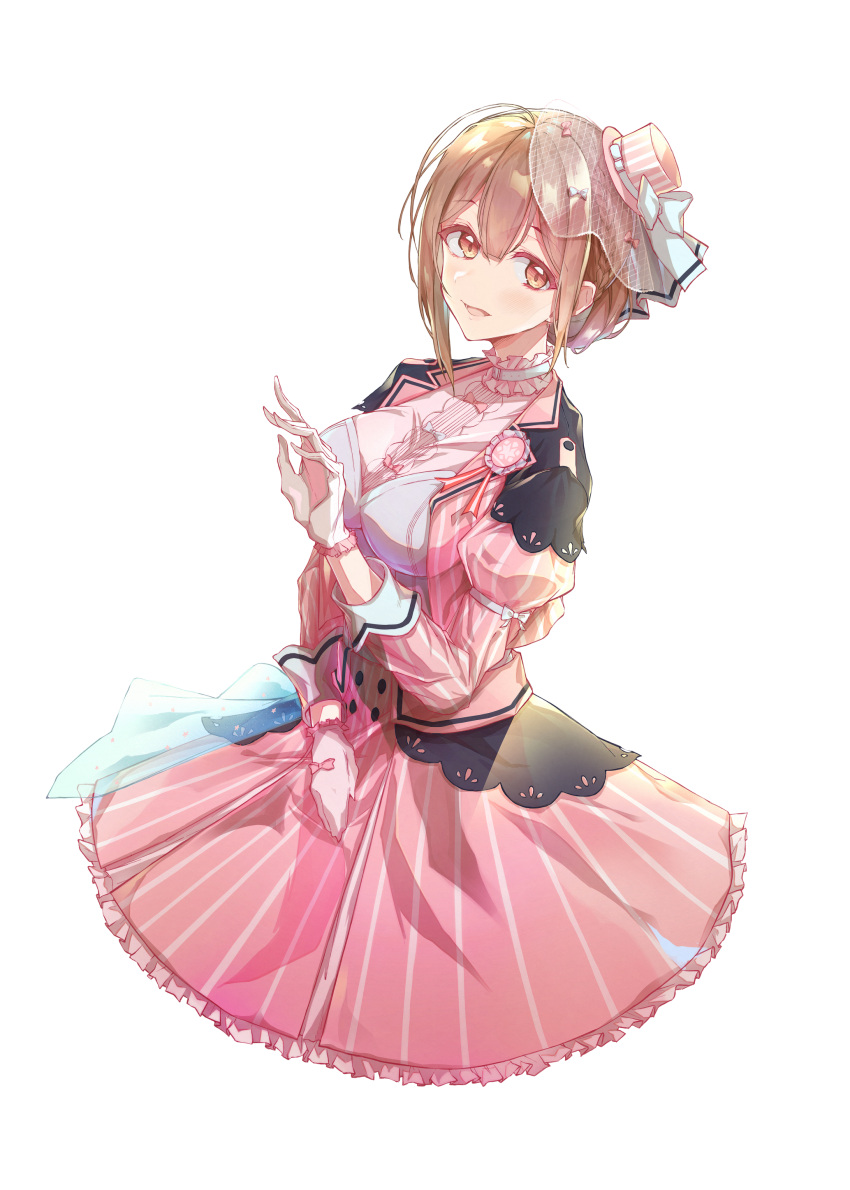 1girl absurdres blush breasts brown_eyes brown_hair e_sky_rugo hand_up hat highres idolmaster idolmaster_shiny_colors jacket juliet_sleeves kuwayama_chiyuki large_breasts long_sleeves looking_at_viewer mini_hat mini_top_hat open_clothes open_jacket pink_jacket pink_skirt puffy_sleeves simple_background skirt solo top_hat white_background