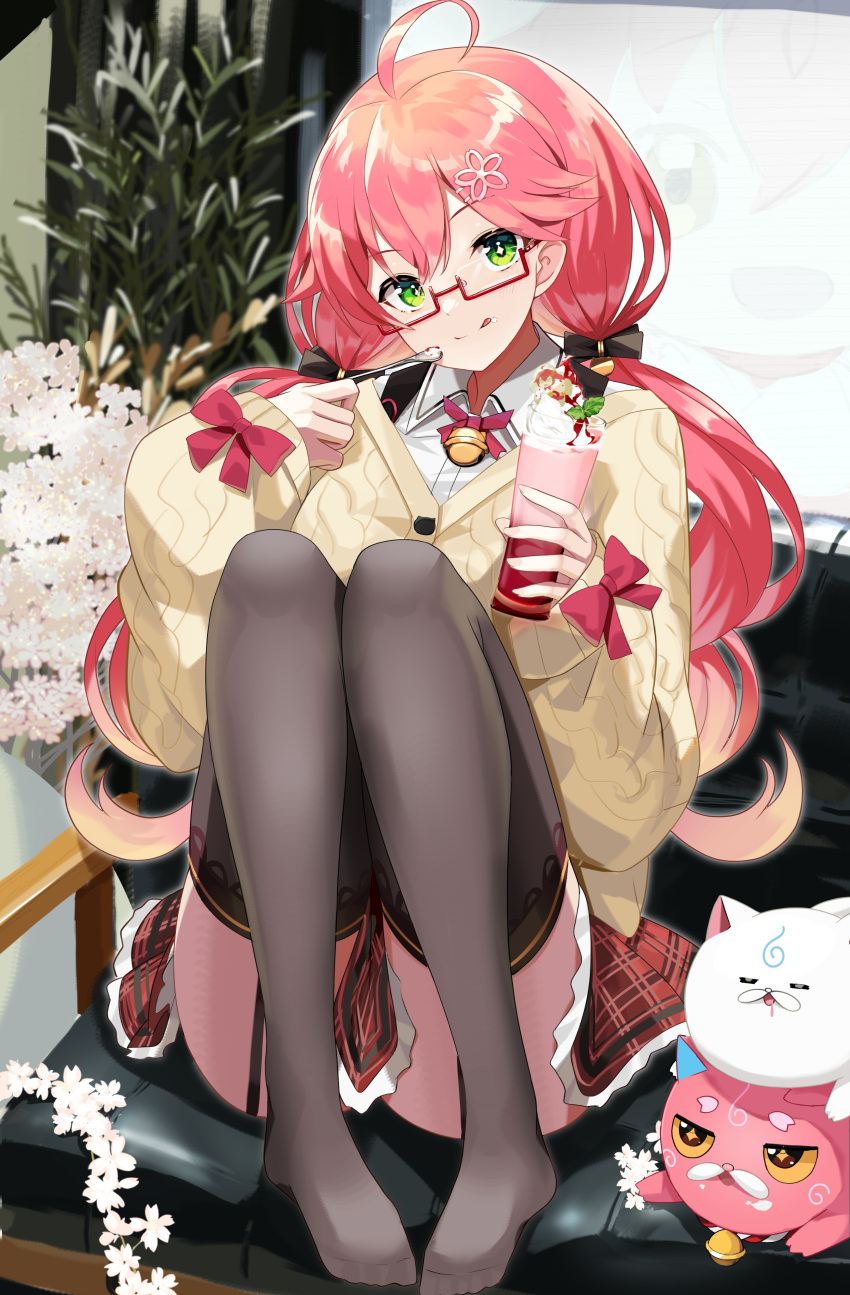 2girls 35p_(sakura_miko) :q absurdres ahoge alternate_costume alternate_hairstyle bell black_legwear buttons cat eyebrows_visible_through_hair flower food food_on_face glasses green_eyes hair_ornament hairclip highres hololive kintoki_(sakura_miko) long_sleeves looking_at_viewer mikodanye multiple_girls official_alternate_costume open_mouth pink_hair red-framed_eyewear sakura_miko satobitob sitting skirt spoon thigh-highs tongue tongue_out virtual_youtuber