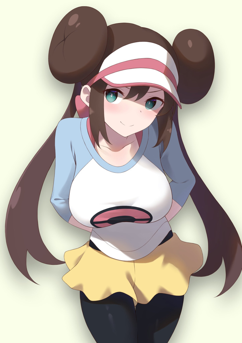 1girl aqua_eyes arms_behind_back bangs black_legwear blush breasts brown_hair closed_mouth collarbone cowboy_shot double_bun green_eyes highres large_breasts long_sleeves momihige pantyhose poke_ball_print pokemon pokemon_(game) pokemon_bw raglan_sleeves rosa_(pokemon) shadow shorts smile solo twintails visor_cap yellow_shorts