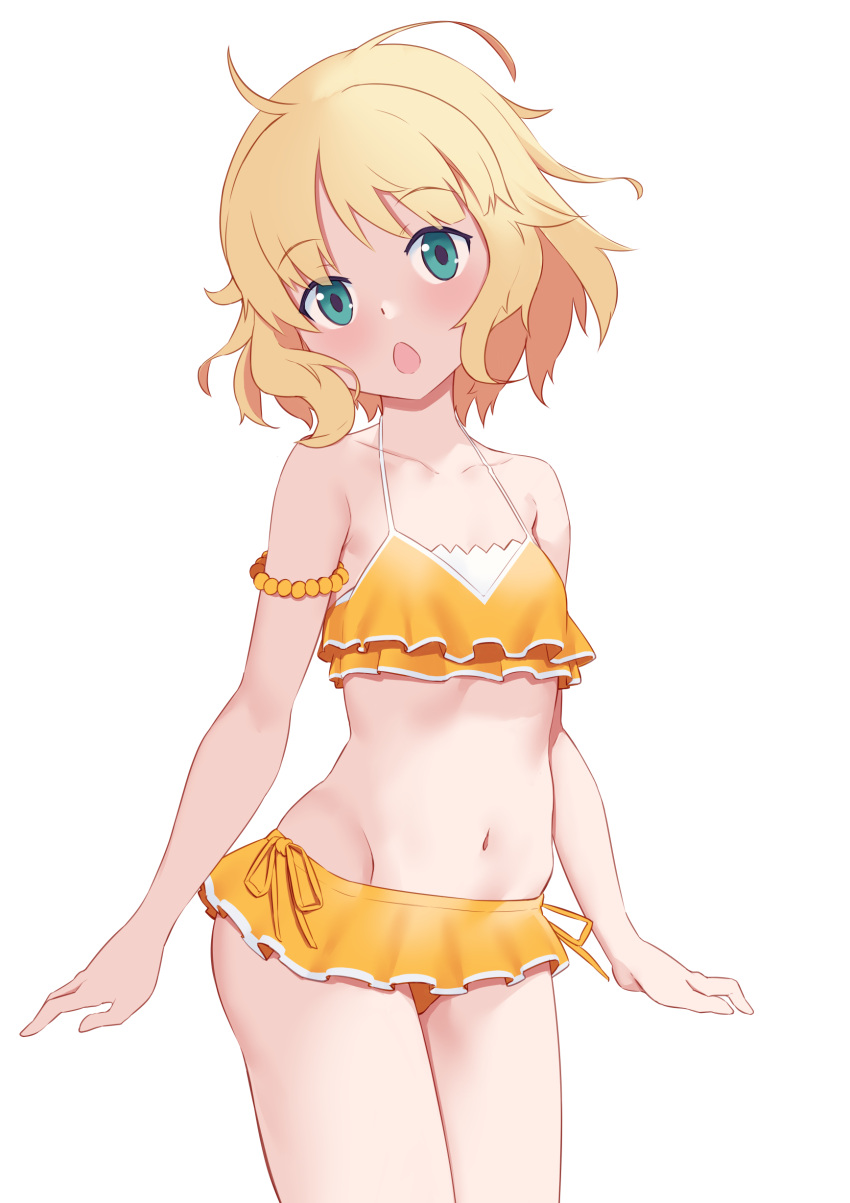 1girl absurdres bangs bare_arms bare_shoulders bikini blonde_hair breasts collarbone commentary_request eyebrows_visible_through_hair gochuumon_wa_usagi_desu_ka? green_eyes groin head_tilt highres jilu kirima_sharo looking_at_viewer navel open_mouth simple_background small_breasts solo swimsuit white_background yellow_bikini
