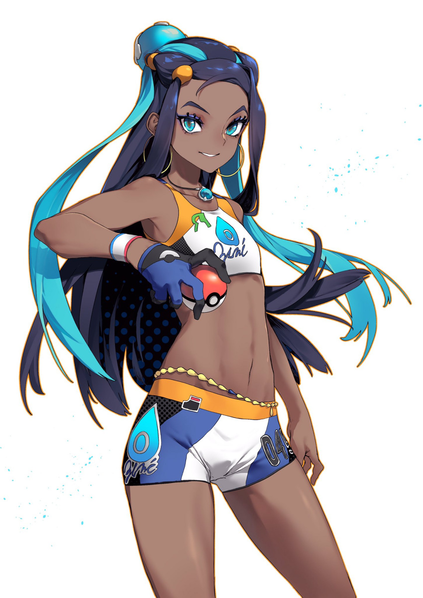 1girl blue_eyes blue_hair cowboy_shot dark-skinned_female dark_skin earrings eyeshadow flat_chest gloves highres holding holding_poke_ball hoop_earrings jewelry looking_at_viewer makeup multicolored_hair navel necklace nessa_(pokemon) poke_ball poke_ball_(basic) pokemon pokemon_(game) pokemon_swsh purple_hair reiga_(act000) short_shorts shorts simple_background single_glove smile solo sports_bra standing stomach two-tone_hair white_background