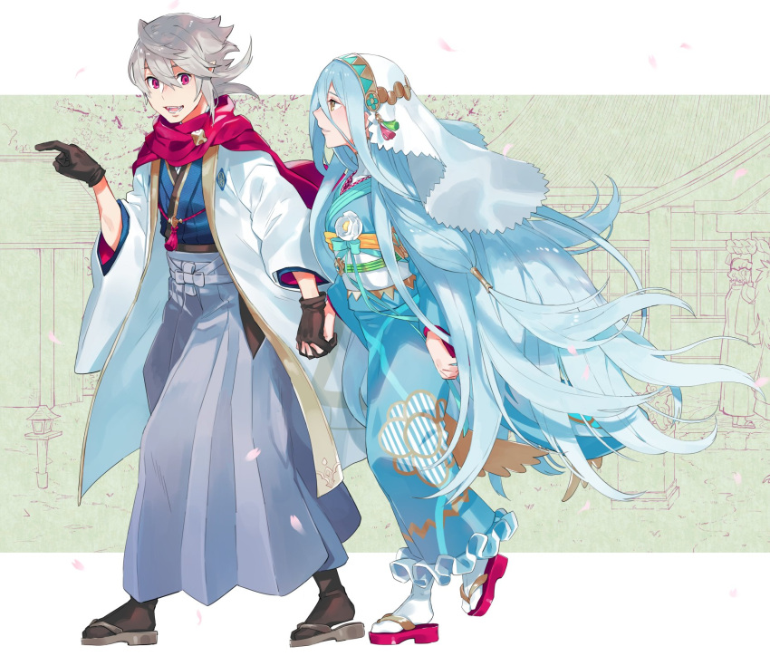 1boy 1girl aisutabetao azura_(fire_emblem) black_gloves blue_hair corrin_(fire_emblem) corrin_(fire_emblem)_(male) couple eye_contact fire_emblem fire_emblem_fates gloves headdress hetero highres holding_hands husband_and_wife japanese_clothes kimono long_hair looking_at_another manakete new_year platinum_blonde_hair pointy_ears red_eyes scarf smile textless very_long_hair yellow_eyes yukata