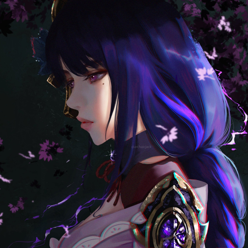 1girl archaicjack armor bangs black_background braid breasts closed_mouth commentary electricity english_commentary falling_petals flower from_side genshin_impact hair_ornament highres japanese_clothes kimono large_breasts long_hair mole mole_under_eye petals purple_flower purple_hair raiden_(genshin_impact) ribbon shoulder_armor simple_background solo violet_eyes