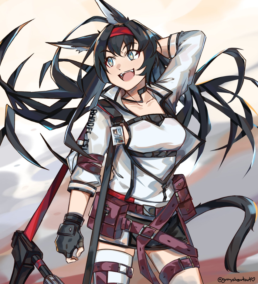 1girl animal_ears arknights armpits belt belt_pouch black_gloves black_hair blaze_(arknights) cat_ears cat_girl cat_tail collarbone commentary cowboy_shot dust_cloud eyebrows_visible_through_hair fingerless_gloves floating_hair gloves graysheartart grey_eyes hairband highres id_card jacket long_hair long_sleeves looking_away open_mouth pouch red_hairband shirt shoulder_strap single_thighhigh sleeveless sleeveless_shirt smile solo tail thigh-highs thigh_strap twitter_username upper_body white_jacket white_legwear white_shirt