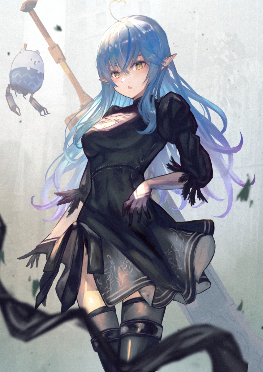 ahoge bangs black_dress blue_hair blurry boots breasts cleavage_cutout clothing_cutout cosplay daifuku_(yukihana_lamy) depth_of_field dress elf feather-trimmed_sleeves hair_between_eyes heart_ahoge highres hololive huge_weapon juliet_sleeves large_breasts long_hair long_sleeves multicolored_hair nier_(series) nier_automata pointy_ears puffy_sleeves streaked_hair sword thigh-highs thigh_boots thighhighs_under_boots virtual_youtuber weapon xyunx yellow_eyes yorha_no._2_type_b yorha_no._2_type_b_(cosplay) yukihana_lamy