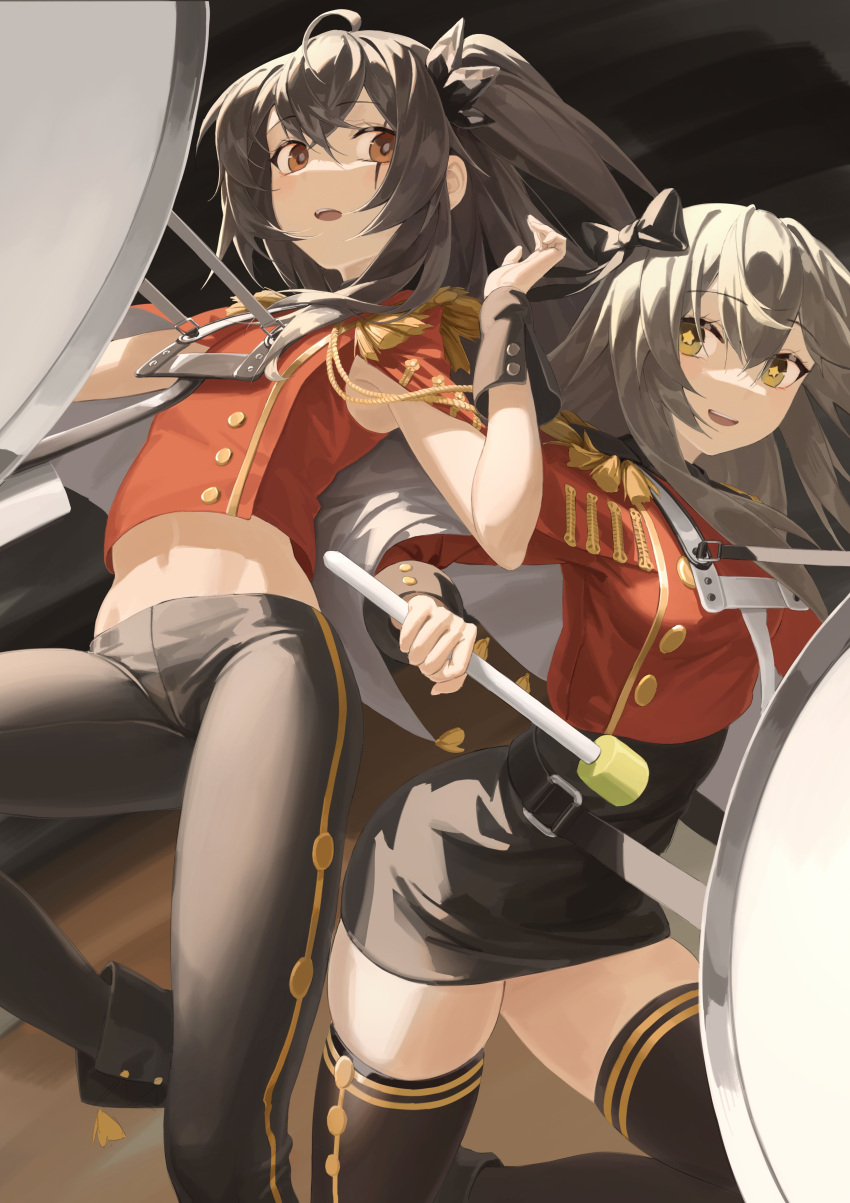 2girls absurdres ahoge aiguillette armpit_peek armpits band_uniform black_hair black_legwear black_pants black_skirt boots bow brown_eyes buttons cape capelet crop_top crop_top_overhang double-breasted drum drumsticks flat_chest girls_frontline grey_hair hair_bow hand_up high-waist_skirt highres instrument long_hair long_sleeves looking_at_viewer midriff multiple_girls navel one_side_up open_mouth pants red_shirt rui_(rei_leyi) scar scar_across_eye shirt skirt sleeveless sleeveless_shirt smile star-shaped_pupils star_(symbol) stomach symbol-shaped_pupils thigh-highs thighs ump40_(girls_frontline) ump45_(girls_frontline) wrist_cuffs yellow_eyes zettai_ryouiki