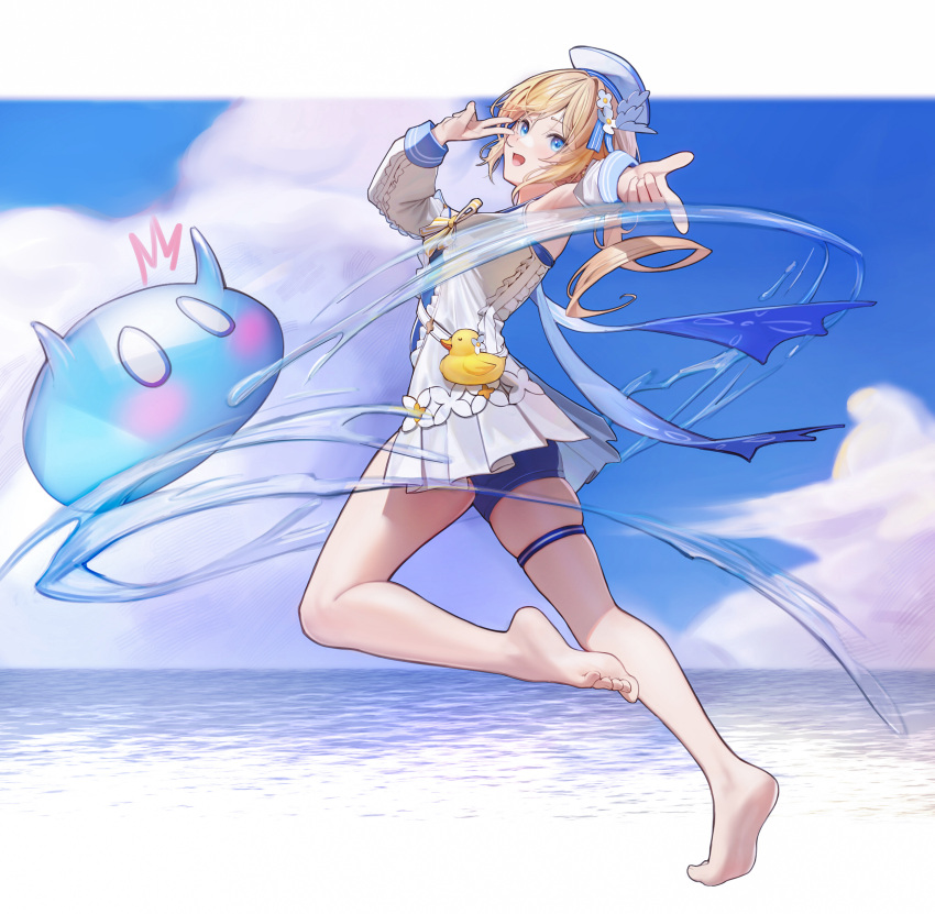 1girl absurdres barbara_(genshin_impact) barbara_(summertime_sparkle)_(genshin_impact) bare_legs barefoot bird blonde_hair blue_eyes clover_print drill_hair duck duck_print feet genshin_impact hat high-waist_shorts highres long_hair looking_back official_alternate_costume risa_(pixiv23908854) sailor_hat soles toes twin_drills twintails white_headwear