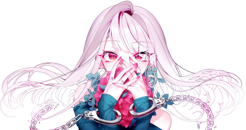 1girl :irai covered_mouth cuffs earrings eyebrows_visible_through_hair floating_hair flower getcha!_(vocaloid) handcuffs highres hoop_earrings jewelry long_hair mu_yume original own_hands_together pink_eyes pink_flower pink_hair portrait ring solo utaite_(singer) white_background