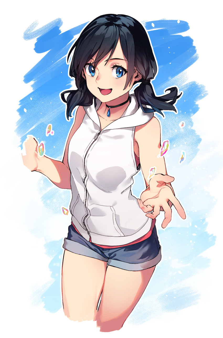 1girl :d absurdres bare_arms black_choker black_hair blue_eyes blue_hair blue_shorts choker copyright_request cropped_legs gradient_hair highres hood hood_down hoodie long_hair looking_at_viewer low_twintails multicolored_hair open_mouth reiga_(act000) short_shorts shorts sleeveless sleeveless_hoodie smile solo standing twintails white_hoodie