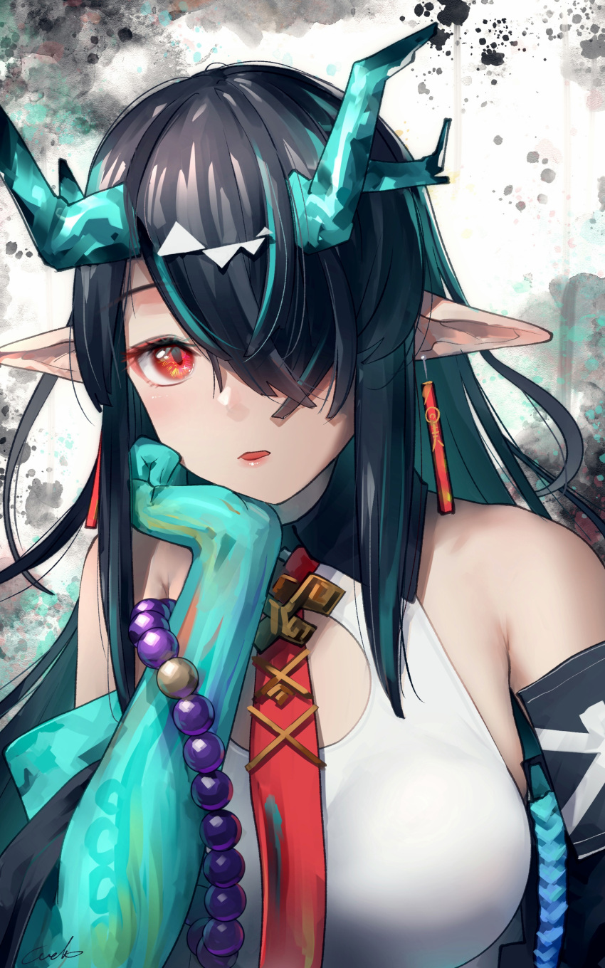 1girl absurdres aqua_hair arknights bare_shoulders beads black_hair breasts colored_skin detached_sleeves dragon_horns dusk_(arknights) earrings green_skin hair_over_one_eye hand_on_own_cheek hand_on_own_face highres horns jewelry large_breasts long_sleeves looking_at_viewer multicolored_hair necktie open_mouth pointy_ears red_eyes red_neckwear signature solo streaked_hair two-tone_hair upper_body welt_(kinsei_koutenkyoku)
