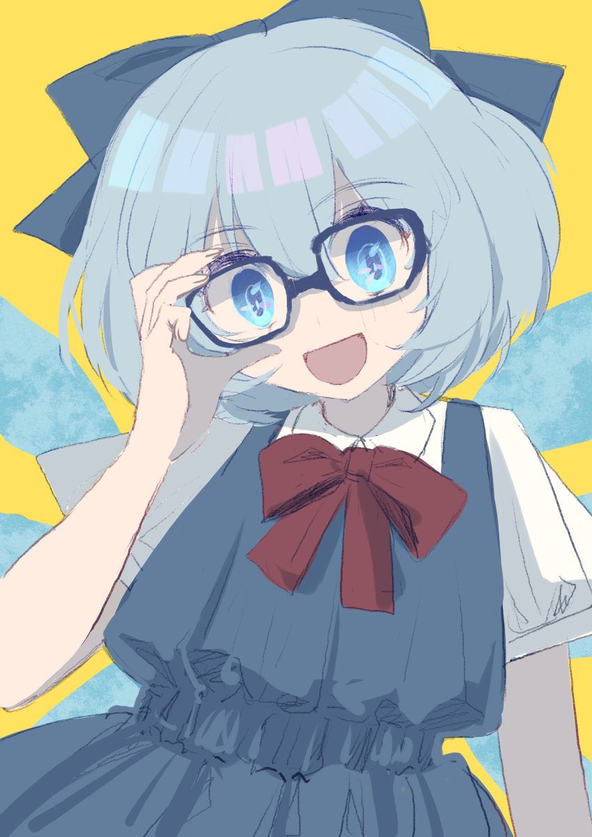 1girl absurdres bangs blue_bow blue_dress blue_eyes blue_hair blush bow bowtie cirno collar dress eyebrows_visible_through_hair glasses hair_between_eyes hand_up highres ice ice_wings open_mouth red_bow red_neckwear shirt shocho_(shaojiujiu) short_hair short_sleeves simple_background smile solo touhou white_shirt wings yellow_background