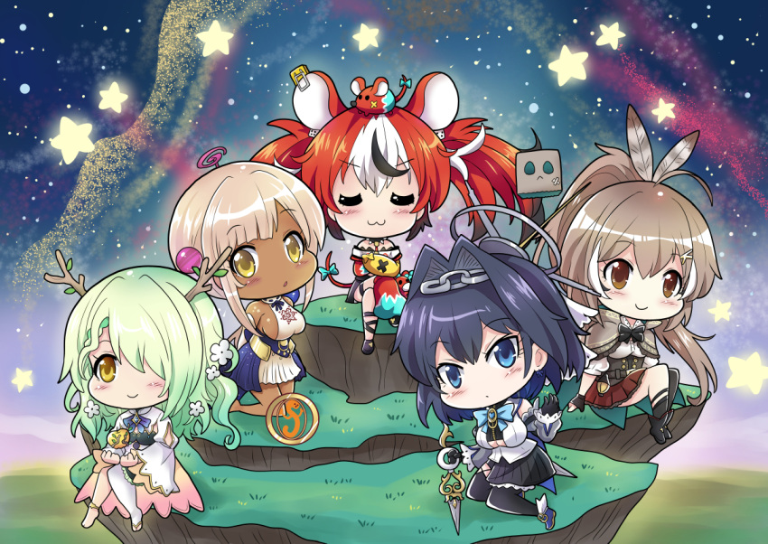 5girls animal_ears animal_on_head bag black_hair blue_eyes boots bow breasts brown_eyes brown_hair ceres_fauna chibi cleavage_cutout cloak closed_eyes clothing_cutout colonel_aki crossed_arms crossed_legs dark_skin detached_sleeves feather_hair_ornament feathers flower green_hair hair_flower hair_intakes hair_ornament hair_over_one_eye hairclip hakos_baelz holding holding_sword holding_weapon hololive hololive_english kneeling large_breasts long_hair mouse mouse_ears mousetrap multicolored_hair multiple_girls nanashi_mumei on_head ouro_kronii paper_bag pleated_skirt redhead sideboob sitting skirt standing star_(sky) streaked_hair sword tail tail_bow tail_ornament tsukumo_sana weapon white_hair wide_sleeves yellow_eyes