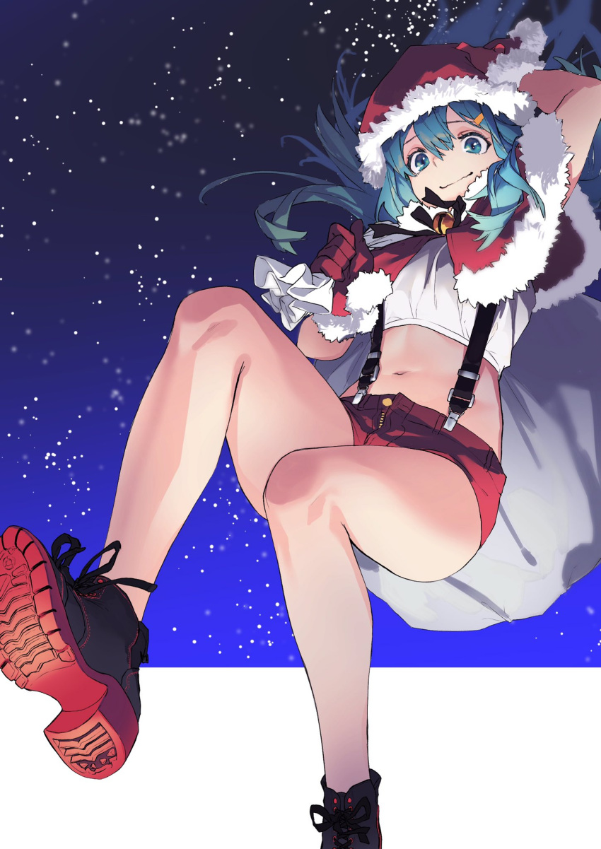 1girl ankle_boots bell blue_eyes blue_hair boots capelet closed_mouth fur-trimmed_capelet fur_trim hair_ornament hairclip hat hatsune_miku highres jingle_bell looking_at_viewer midriff navel neck_bell night night_sky red_capelet red_shorts reiga_(act000) sack sanpaku santa_costume santa_hat shirt short_shorts shorts sky smile solo star_(sky) starry_sky suspender_shorts suspenders twintails vocaloid white_shirt