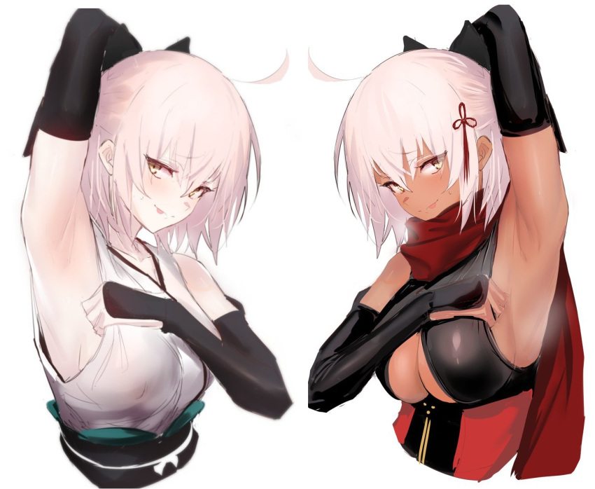 2girls :p ahoge arm_above_head black_sash blush breasts clothing_cutout dark-skinned_female dark_skin detached_sleeves dual_persona fate/grand_order fate_(series) from_side hand_up koha-ace large_breasts long_sleeves looking_at_viewer multiple_girls obi okita_souji_(alter)_(fate) okita_souji_(fate) okita_souji_(fate)_(all) pale_skin pink_hair presenting_armpit red_scarf sash scarf sideboob simple_background smile steaming_body tongue tongue_out ulrich_(tagaragakuin) under_boob underboob_cutout white_background yellow_eyes