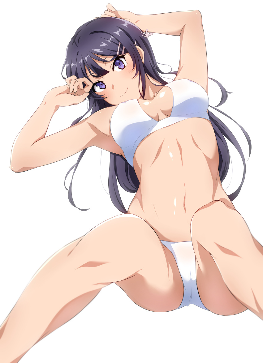 1girl absurdres arms_up bangs bare_arms bare_legs bikini black_hair breasts breasts_apart closed_mouth commentary crotch feet_out_of_frame hair_ornament hairclip highres long_hair looking_at_viewer medium_breasts midriff navel sakurajima_mai seishun_buta_yarou shou937 simple_background solo swimsuit thigh-highs thighs violet_eyes white_background white_bikini