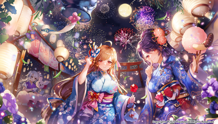 3girls aerial_fireworks apple_caramel bag bagged_fish black_hair blue_kimono bow breasts brown_hair candy_apple chocolate_banana company_name cotton_candy dated festival fireworks fish floral_print flower food gloves grey_hair hand_up highres holding holding_food index_finger_raised japanese_clothes kimono lantern large_breasts long_hair low-tied_long_hair moon multiple_girls night night_sky official_art outdoors paper_lantern pink_bow red_bow red_eyes sangokushi_meishouden sky smile torii very_long_hair watermark white_gloves wide_sleeves wind_chime