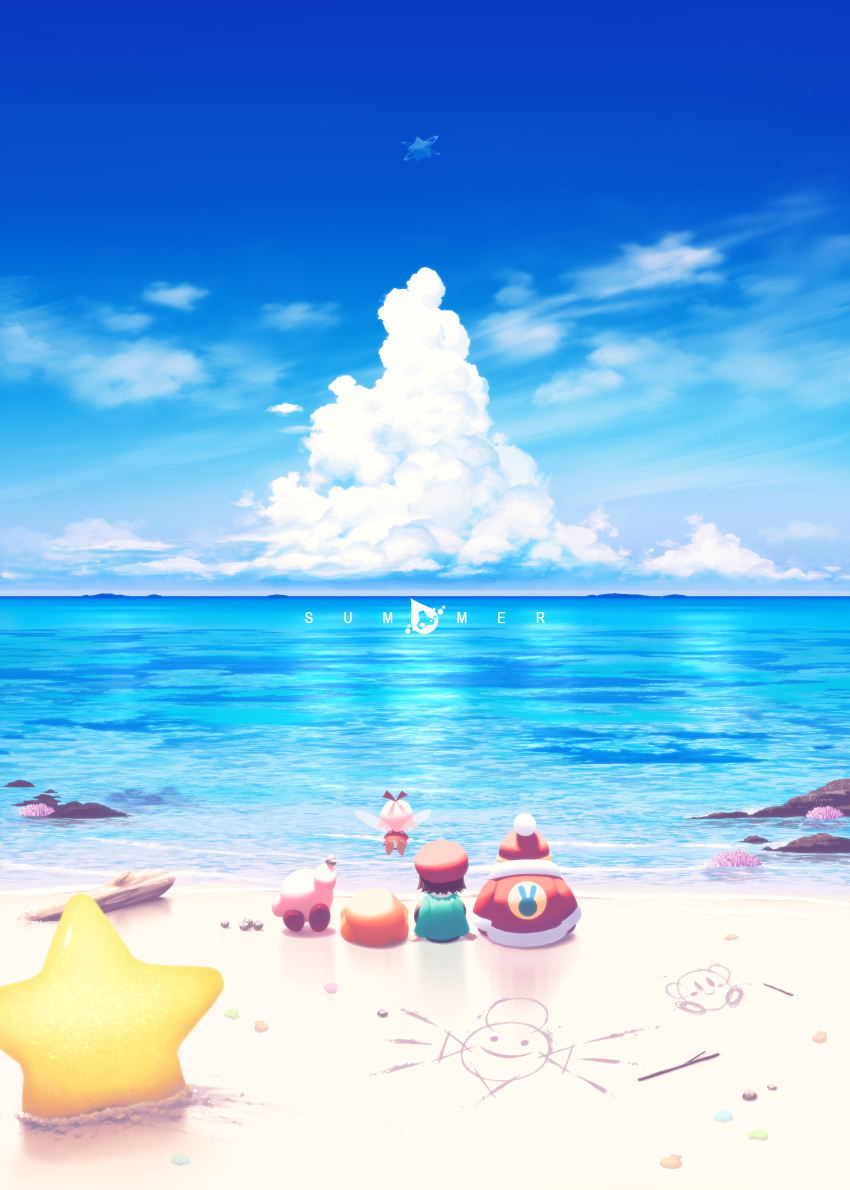 2girls 5health absurdres adeleine beach beret blue_sky clam_shell clouds commentary_request fairy fairy_wings from_behind hat highres king_dedede kirby kirby_(series) kirby_64 multiple_girls ocean planet pop_star reflective_floor ribbon_(kirby) rock sand_art scenery shore sky star_(symbol) summer waddle_dee warp_star water wet wings zero_two_(kirby)