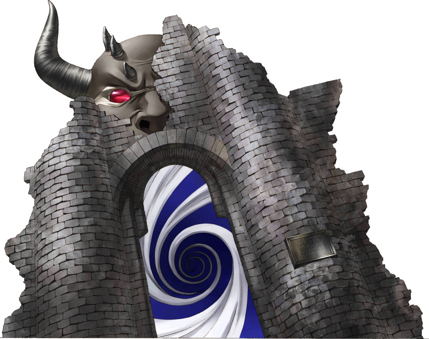 castle colored_skin demon english_text full_body gate grey_skin highres horns kazuma_kaneko official_art orcus_(shin_megami_tensei) red_eyes shin_megami_tensei sign solid_eyes solo transparent_background vortex