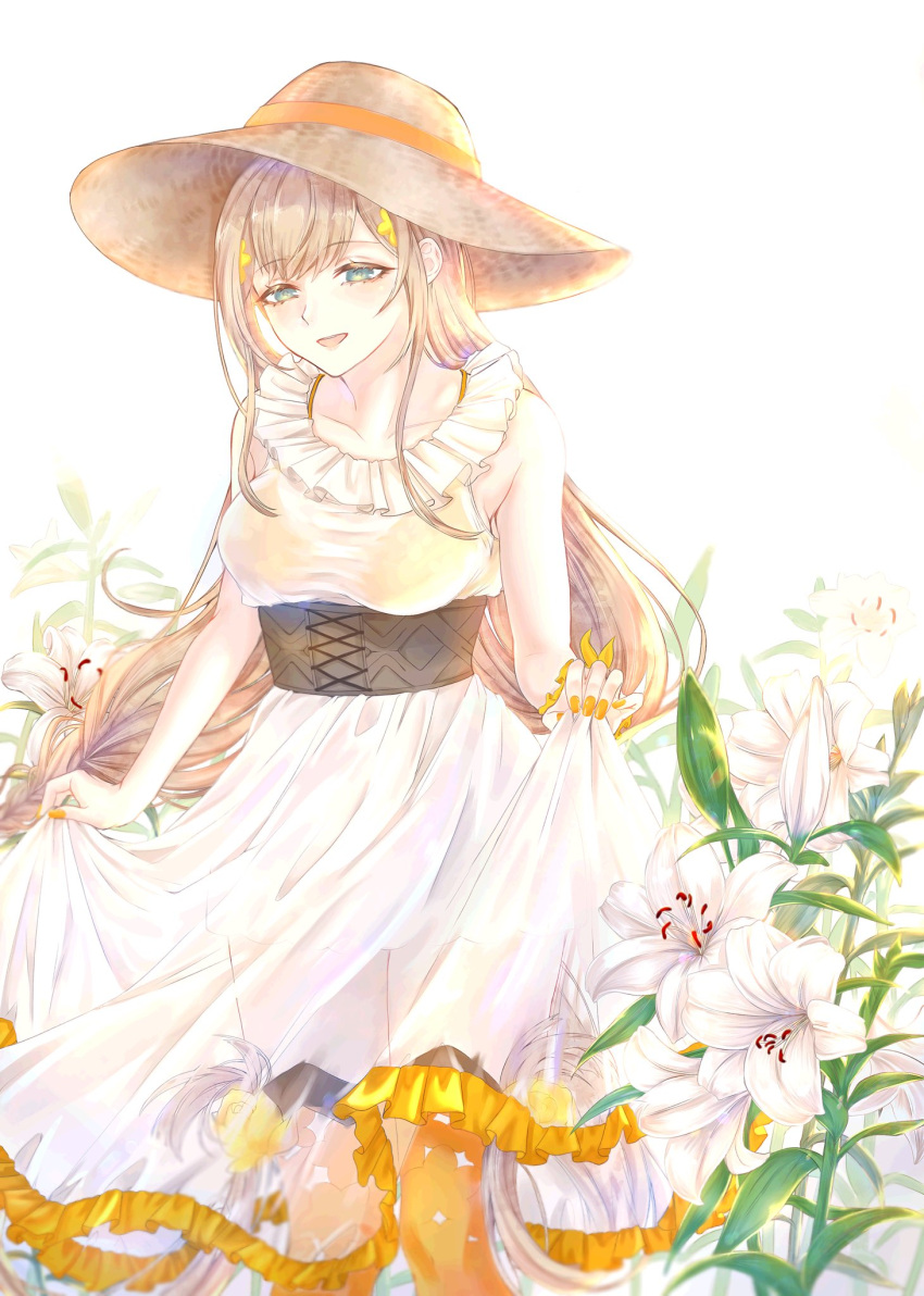 1girl aqua_eyes bikini bikini_top blonde_hair blush braid dress eyebrows_visible_through_hair flower hair_flower hair_ornament happy hat highres long_hair looking_at_viewer open_mouth orange_legwear pon_neuf rapunzel_(sinoalice) see-through_dress sinoalice solo straw_hat summer sundress swimsuit thigh-highs twin_braids very_long_hair white_flower