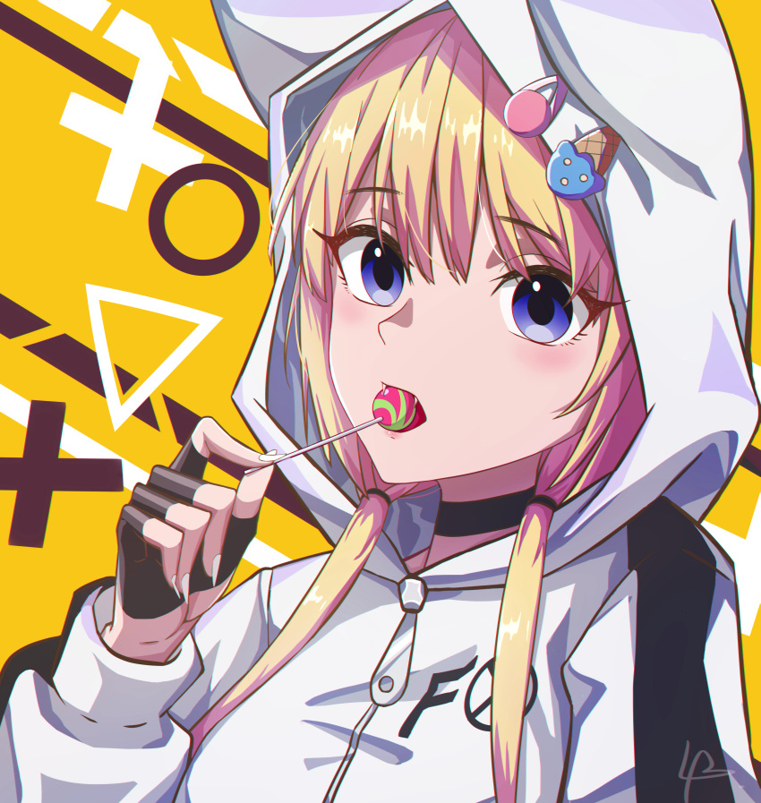 1girl absurdres artist_request black_choker blonde_hair candy choker circle eating eyebrows_visible_through_hair fang fingerless_gloves fingernails food fox_tail gloves grand_(pixiv) hair_between_eyes hair_ornament hairclip hands_in_pockets highres hood hoodie ice_cream_cone ice_cream_cone_on_head jacket kemono_jihen lollipop long_fingernails long_hair long_sleeves looking_at_viewer low_twintails signature solo tail triangle twintails x yellow_background