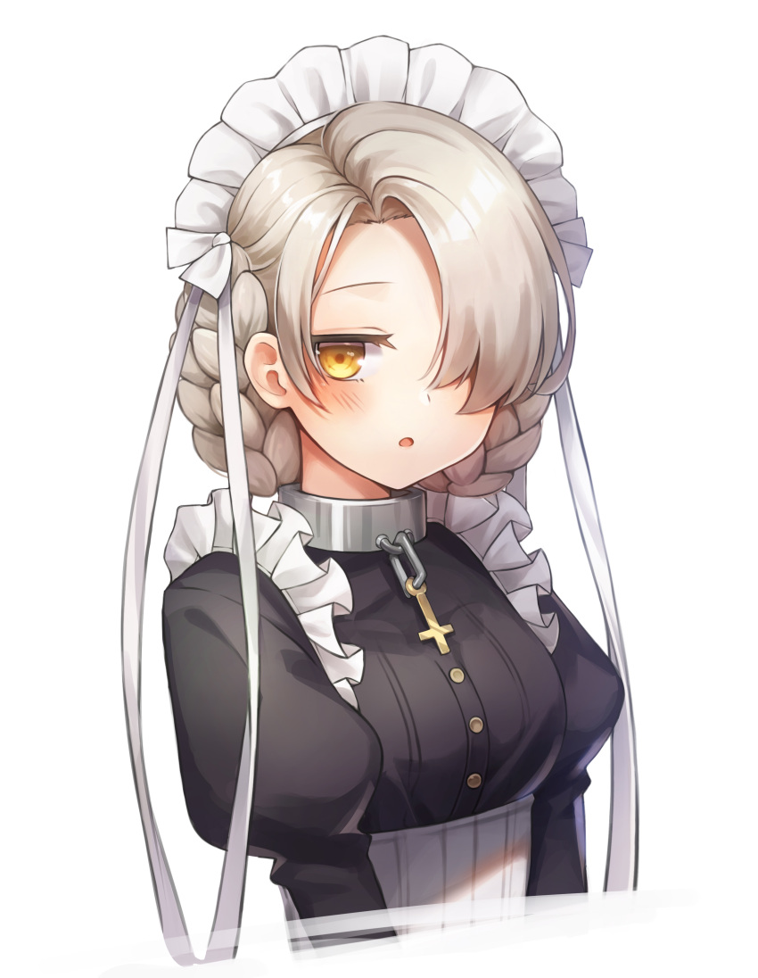 1girl :o absurdres apron azur_lane beomko black_dress blonde_hair blush braid buttons collar dress forehead french_braid frilled_apron frills hair_over_one_eye highres juliet_sleeves long_sleeves looking_at_viewer maid maid_headdress mask mouth_mask puffy_sleeves sheffield_(azur_lane) simple_background solo surgical_mask underbust upper_body white_apron white_background yellow_eyes