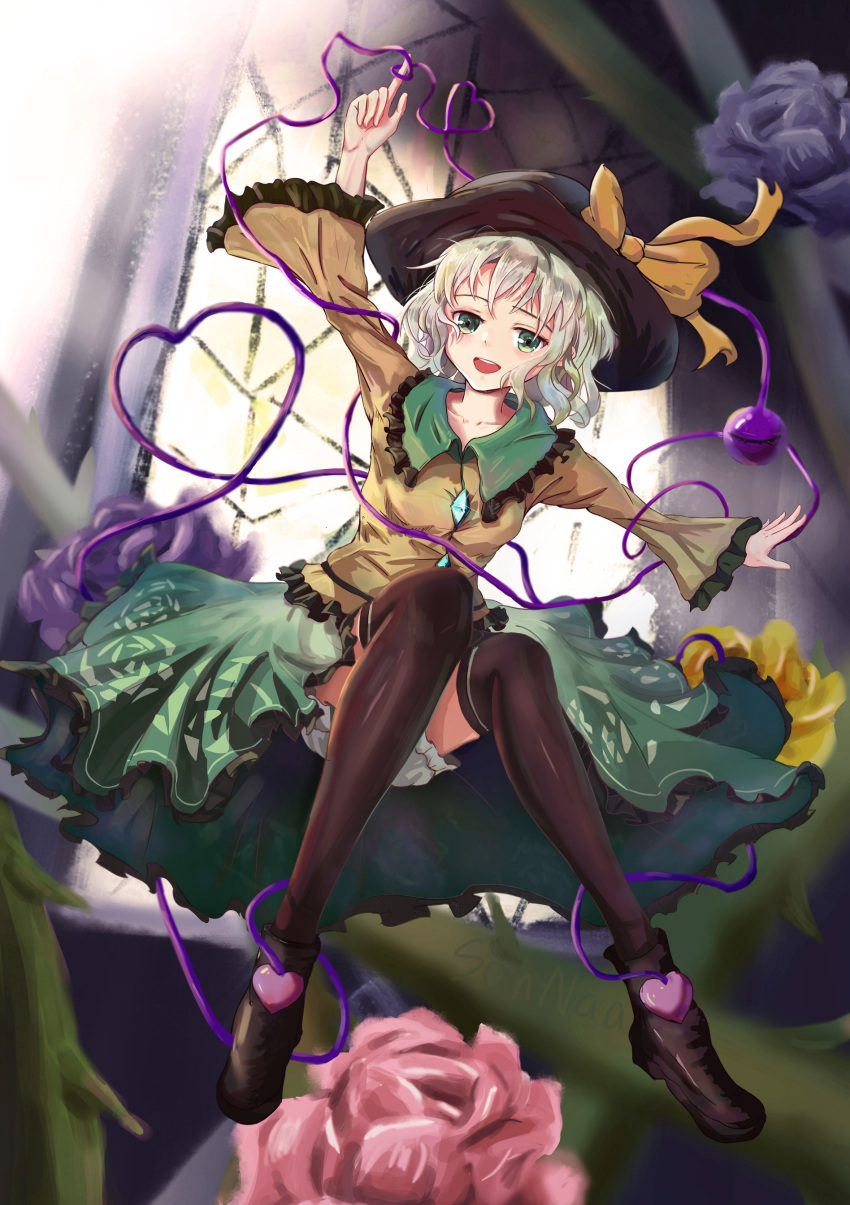 1girl absurdres arm_up black_footwear black_legwear blouse blue_flower blue_rose blurry blurry_background flower frilled_shirt_collar frilled_skirt frilled_sleeves frills full_body green_eyes green_hair green_skirt hat heart heart_of_string highres komeiji_koishi long_sleeves open_mouth outstretched_arms pink_flower pink_rose purple_flower purple_rose rose sanana_e shoes skirt solo thigh-highs third_eye touhou white_bloomers wide_sleeves yellow_blouse yellow_flower yellow_rose