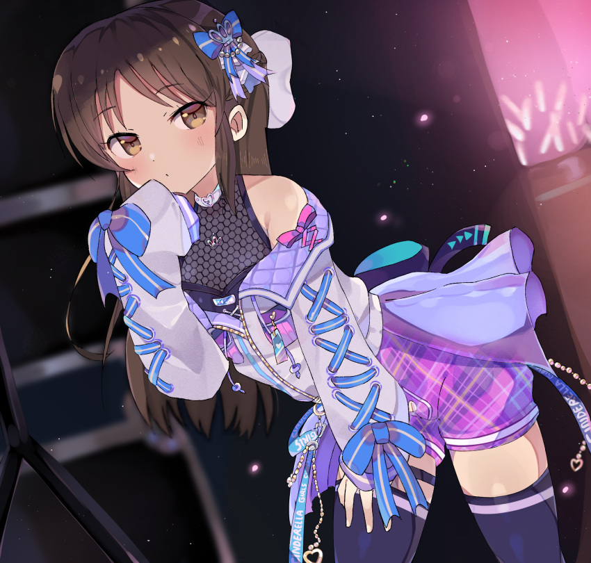 1girl backstage black_hair black_legwear blurry blush bokeh bow cowboy_shot depth_of_field dutch_angle hair_bow hair_ornament hand_on_own_thigh highres idol idolmaster idolmaster_cinderella_girls jacket leaning_forward light_stick long_hair looking_at_viewer narasquid open_clothes open_jacket pink_shorts plaid plaid_shorts shirt shorts sleeveless sleeveless_shirt sleeves_past_wrists solo tachibana_arisu thigh-highs