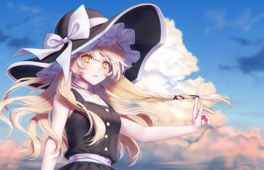 1girl arm_up bangs bare_shoulders black_headwear black_skirt black_vest blonde_hair blue_sky bow breasts closed_mouth clouds cloudy_sky eyebrows_visible_through_hair frills hair_between_eyes hand_up hat hat_bow highres jewelry kirisame_marisa long_hair looking_at_viewer medium_breasts necklace shirt skirt sky sleeveless solo star_(symbol) teeth torinari_(dtvisu) touhou vest white_bow white_shirt yellow_eyes