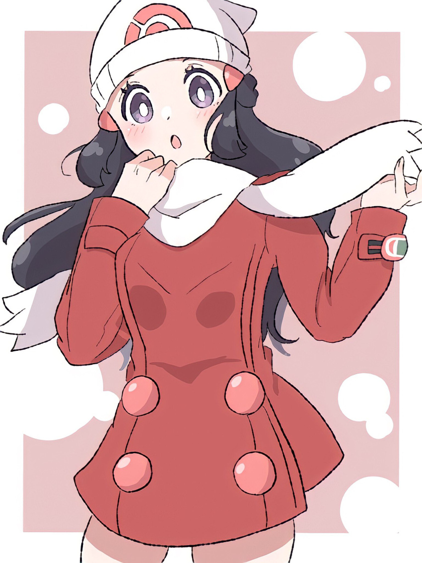 1girl :o beanie black_hair blush border bright_pupils coat commentary_request hikari_(pokemon) eyelashes grey_eyes hair_ornament hairclip hands_up hat highres long_hair long_sleeves open_mouth outside_border pokemon pokemon_(game) pokemon_dppt pokemon_platinum red_coat scarf solo takoyaki_(stelmo) white_border white_headwear white_pupils white_scarf