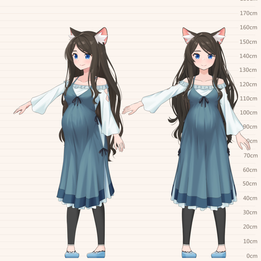 1girl aina_(mao_lian) animal_ear_fluff animal_ears blue_dress blue_eyes brown_hair cat_ears cat_tail closed_mouth dress height_chart highres leggings long_hair long_sleeves looking_at_viewer mao_lian_(nekokao) multiple_views navel off-shoulder_dress off_shoulder original pigeon-toed pregnant smile standing tail