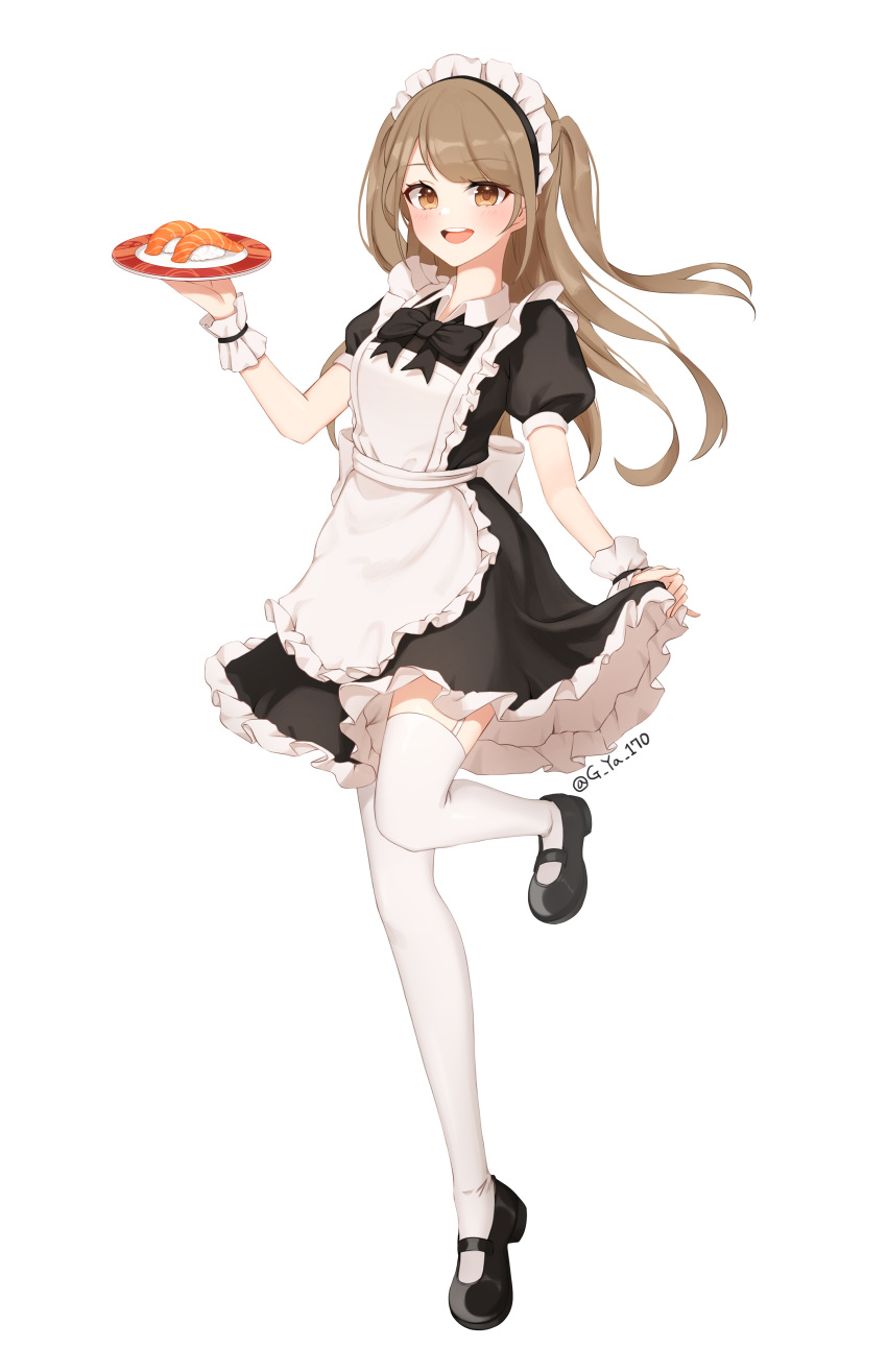 1girl :d absurdres apron black_bow black_footwear black_neckwear blush bow brown_eyes brown_hair commission food full_body gya_(144) highres holding holding_plate long_hair maid maid_headdress open_mouth original plate short_sleeves simple_background skirt_hold smile standing standing_on_one_leg sushi thigh-highs twitter_username white_background wrist_cuffs