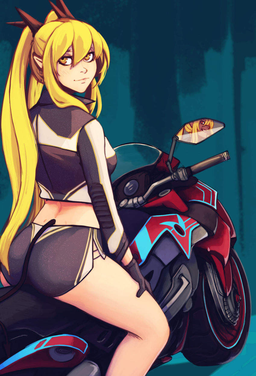 1girl absurdres ass black_gloves black_ribbon black_shorts blonde_hair breasts character_request cropped_jacket dark_persona demon_tail different_reflection dimples_of_venus dolphin_shorts elf english_commentary gloves ground_vehicle hair_ribbon hand_on_thigh highres long_hair looking_back medium_breasts midriff motor_vehicle motorcycle on_motorcycle original pointy_ears racequeen raichiyo33 reflection ribbon shorts solo tail turning_head twintails very_long_hair